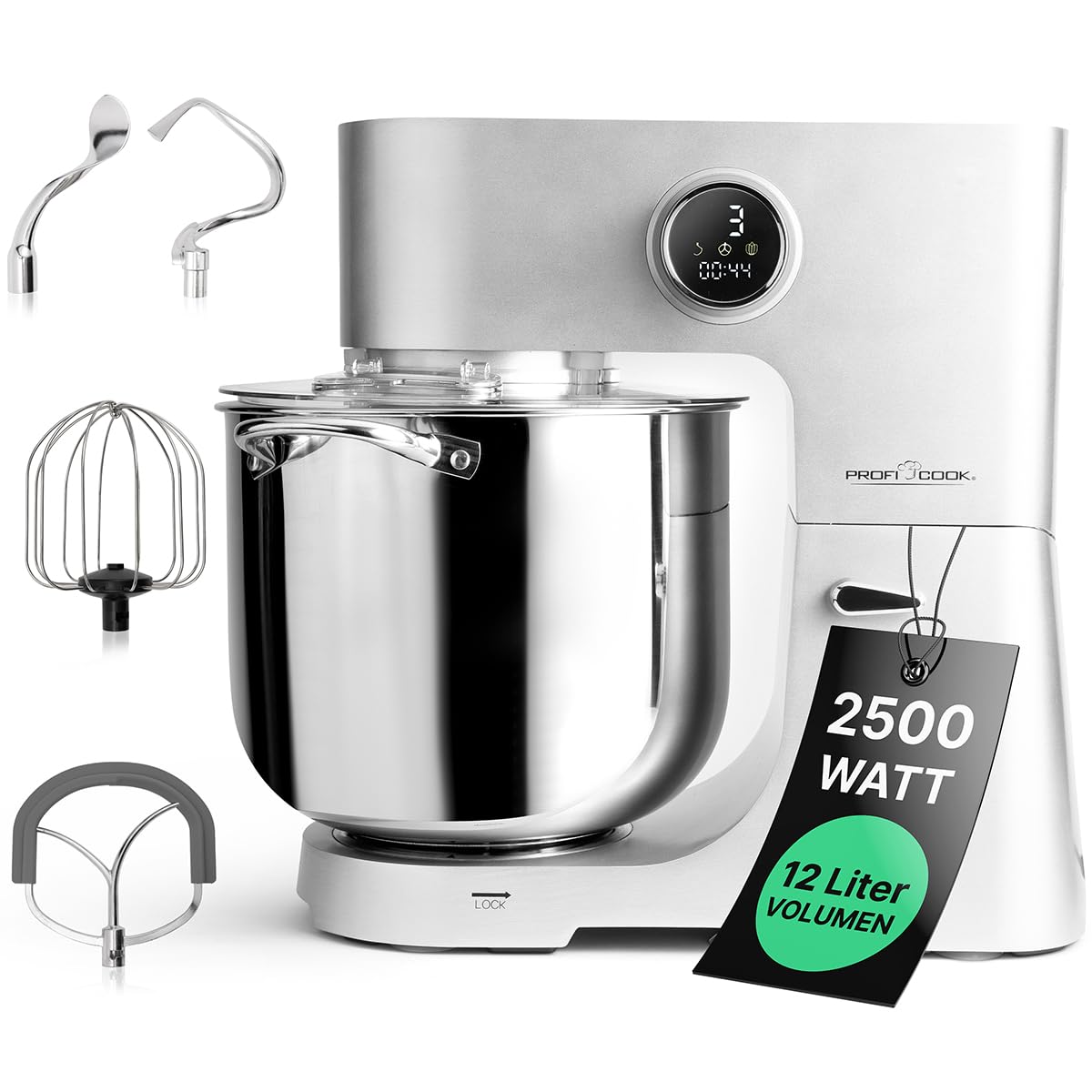 ProfiCook® robot de cocina | XXL | 12L bol | amasadora | motor 2500W | engranaje metálico | pantalla LED | robot de cocina | para hasta 8,5 kg de masa | 13 velocidades | PC-KM 1254 acero inoxidable