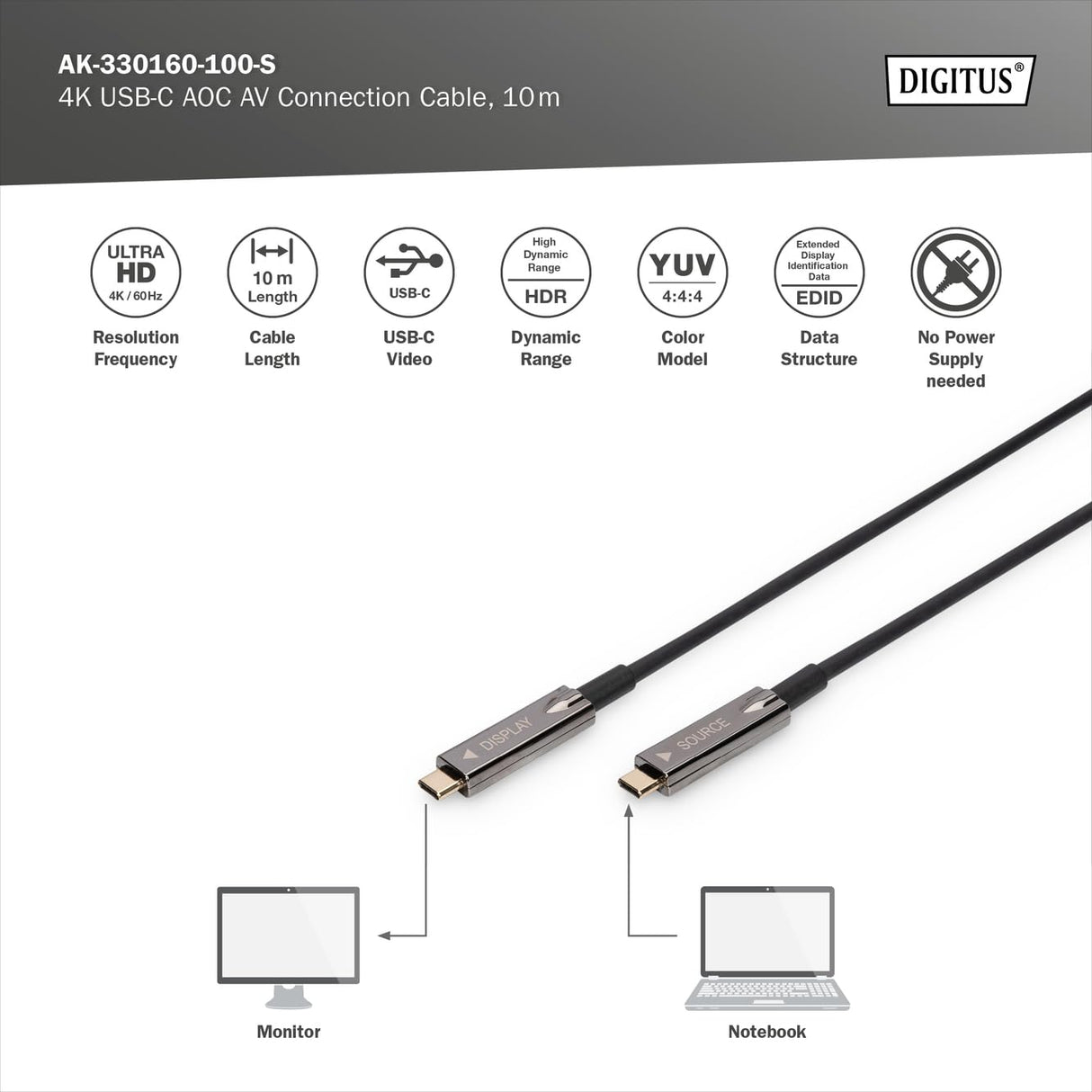 DIGITUS USB-C AOC Cable de conexión AV de fibra óptica híbrida - USB 3.1 - Displayport 1.2 - DP Alt-Mode - Plug&Play - Cable de audio/vídeo - 10m - negro