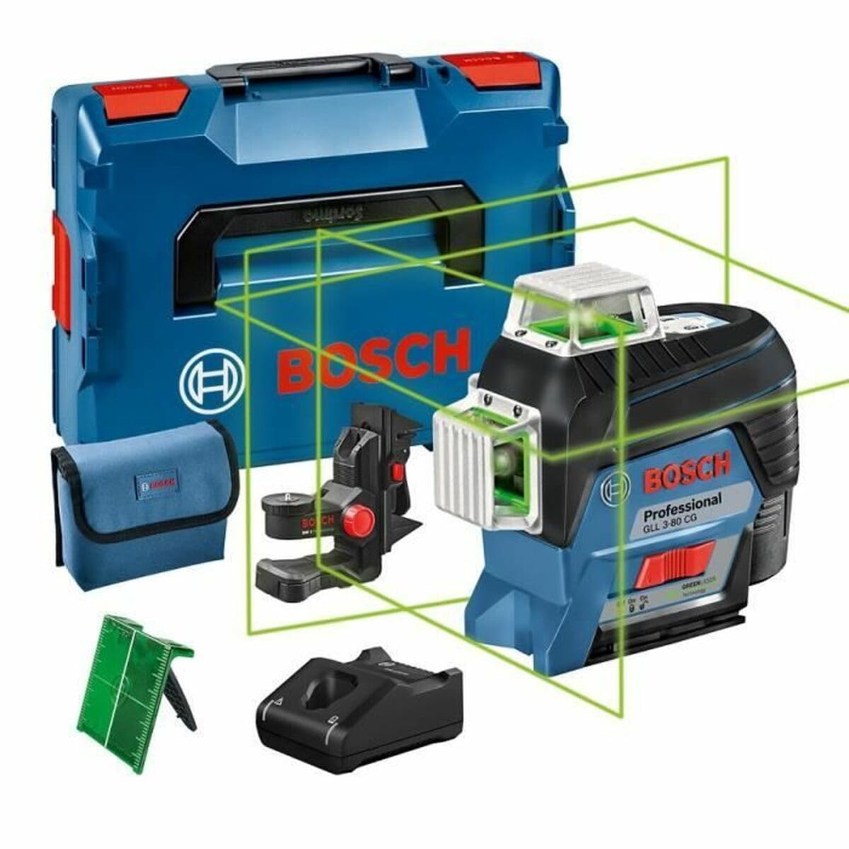 Bosch Professional Sistema 12V Nivel Láser GLL 3-80 CG (1 batería 12V + cargador, láser verde, interior, conexión Bluetooth, alcance hasta 30 m, soporte universal BM1, en L-BOXX), Estándar