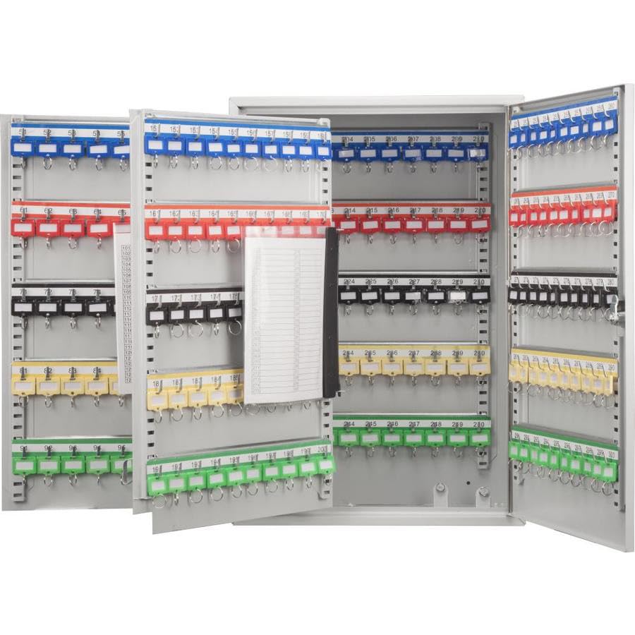 Arregui PL300 Armario de Llaves con Ganchos Regulables en Altura | 300 Llaves | Caja de Seguridad de Acero para Llaves | con Llaveros Incluidos | Fácil Instalación en Pared | 55x38x20,5 cm | Gris
