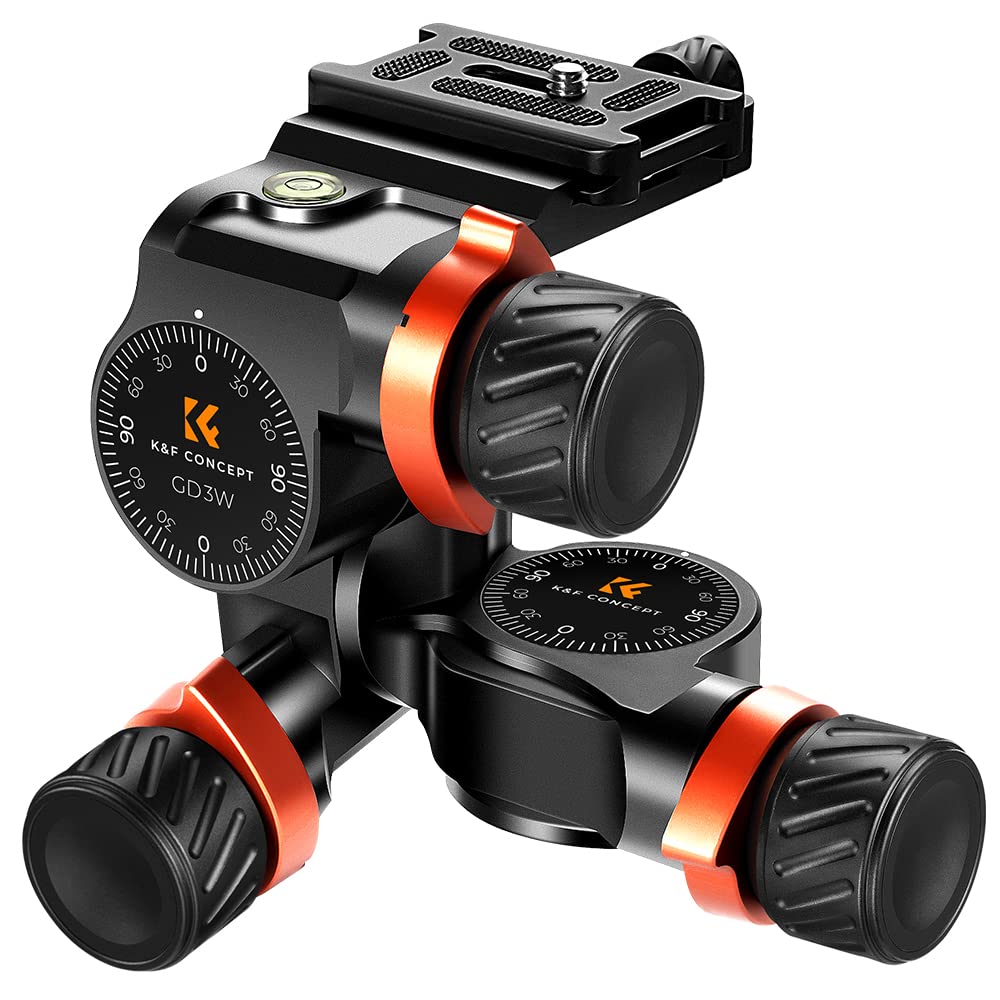 K&F Concept GD-3W Geared Tripod Head, Cabezal de 3 Vías para Trípodes,Cabezal de CNC Process Aluminio para Videocámaras,Equipamiento de Fotografía y Cámara,Creación de Contenidos,Vlogging Carga 6KG