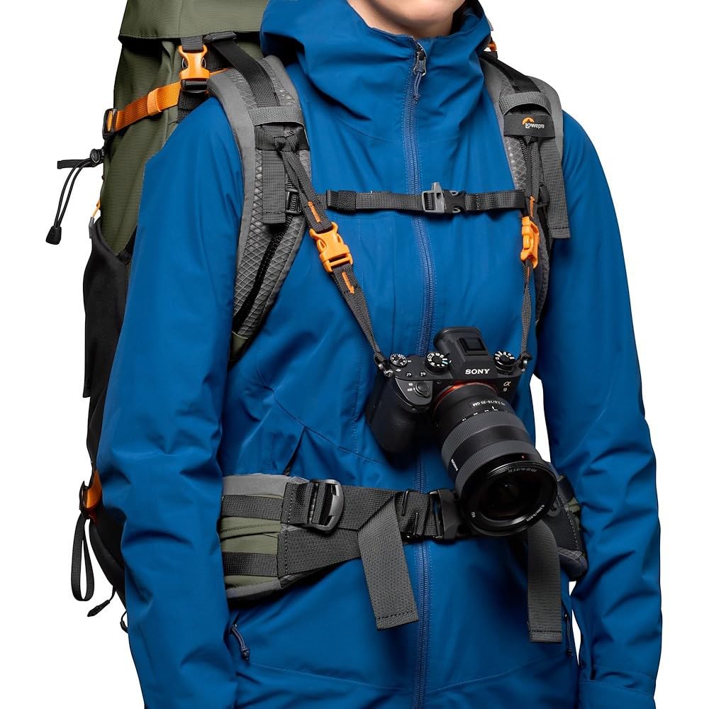Lowepro PhotoSport PRO BP 55L AW IV - Mochila para cámaras réflex sin espejo, acceso delantero/trasero, compartimento extraíble para cámara, correas de accesorios, talla M/L, gris oscuro/verde