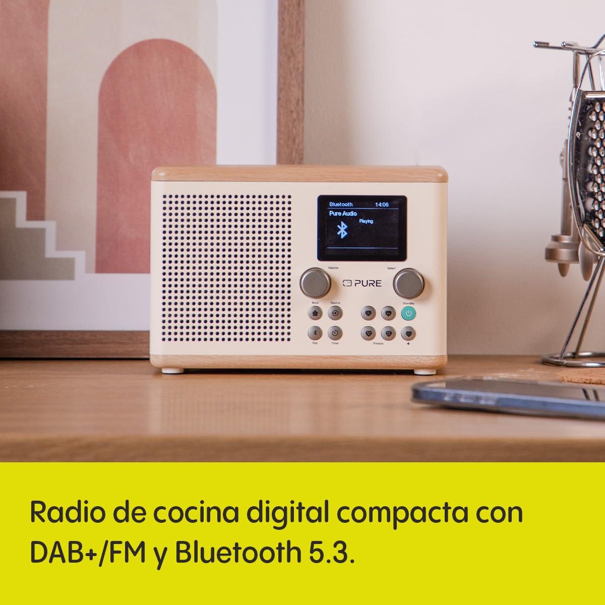 Pure Classic H4 Radio Digital de Cocina (Dab+/FM, Bluetooth, USB, AUX, Temporizador de Cocina, Alarma), Blanco Algodón/Roble