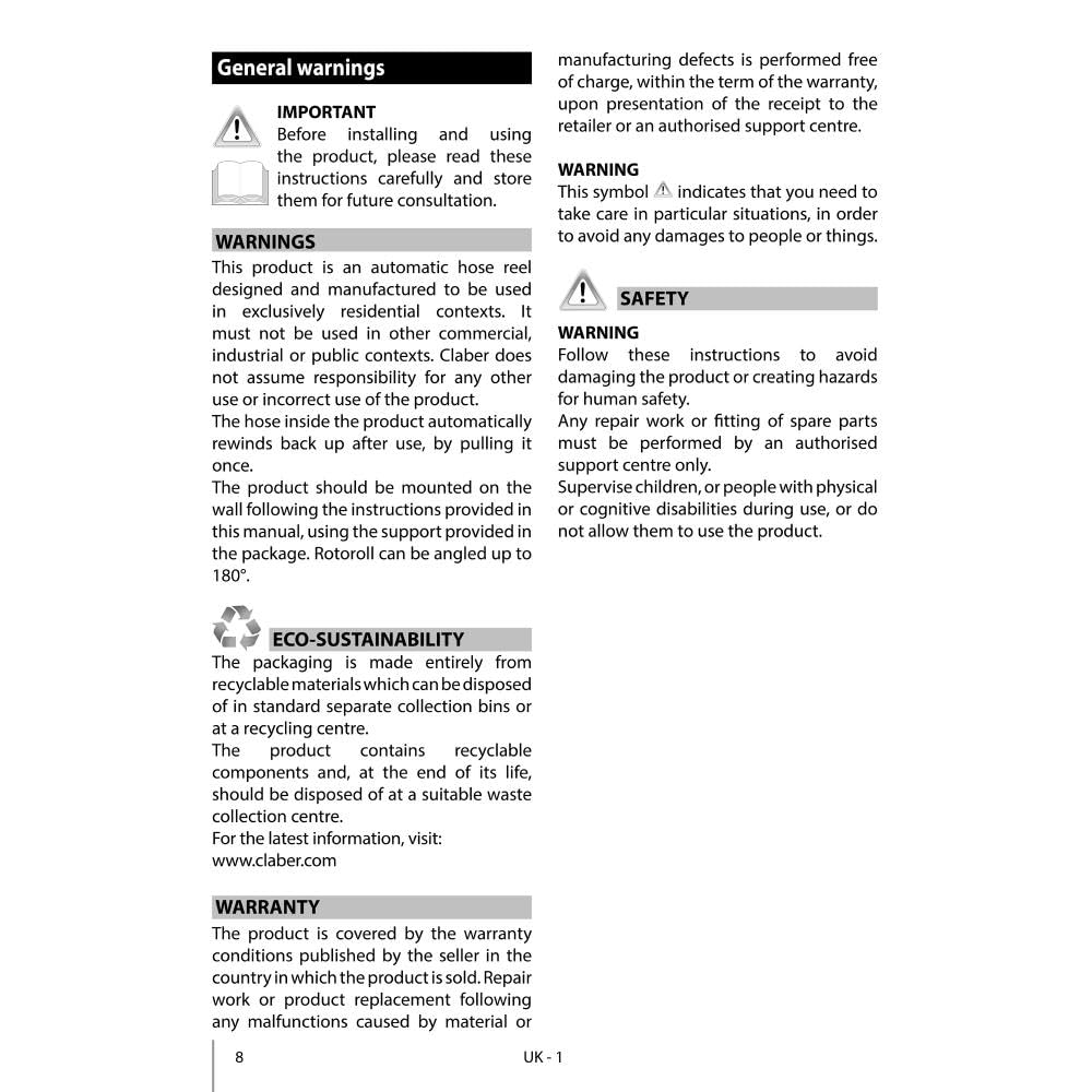 Claber Rotoroll Evolution 30 m, Soporte portamanguera automático para montaje mural provisto de Slow Rewind