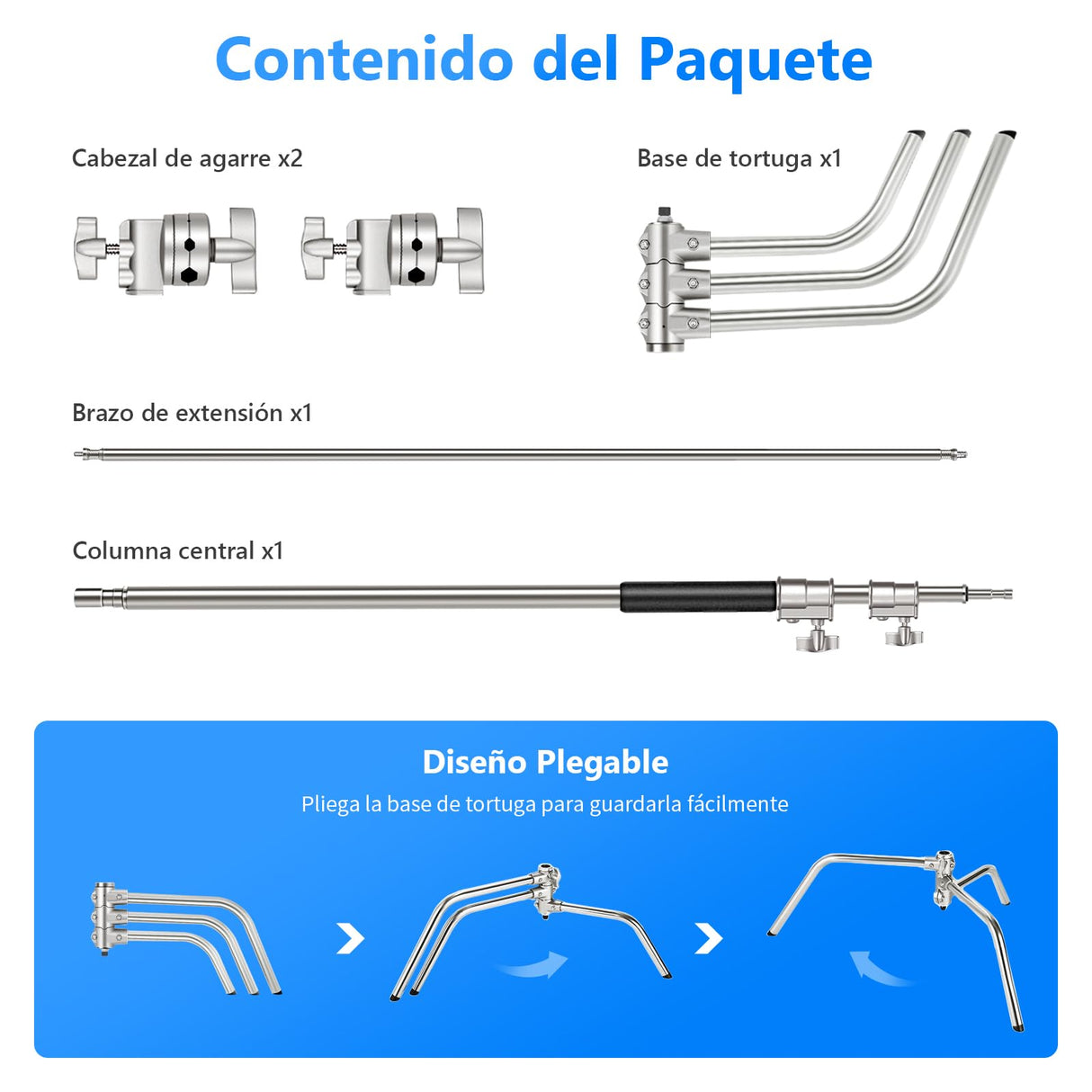 NEEWER Pro 100 % Acero Inoxidable Heavy Duty C Stand con Brazo Articulado Altura Máxima de 320 cm Soporte de Luz para Fotografía con Brazo de Sujeción de 4,2 pies/128 cm, 2 Cabezales de Agarre