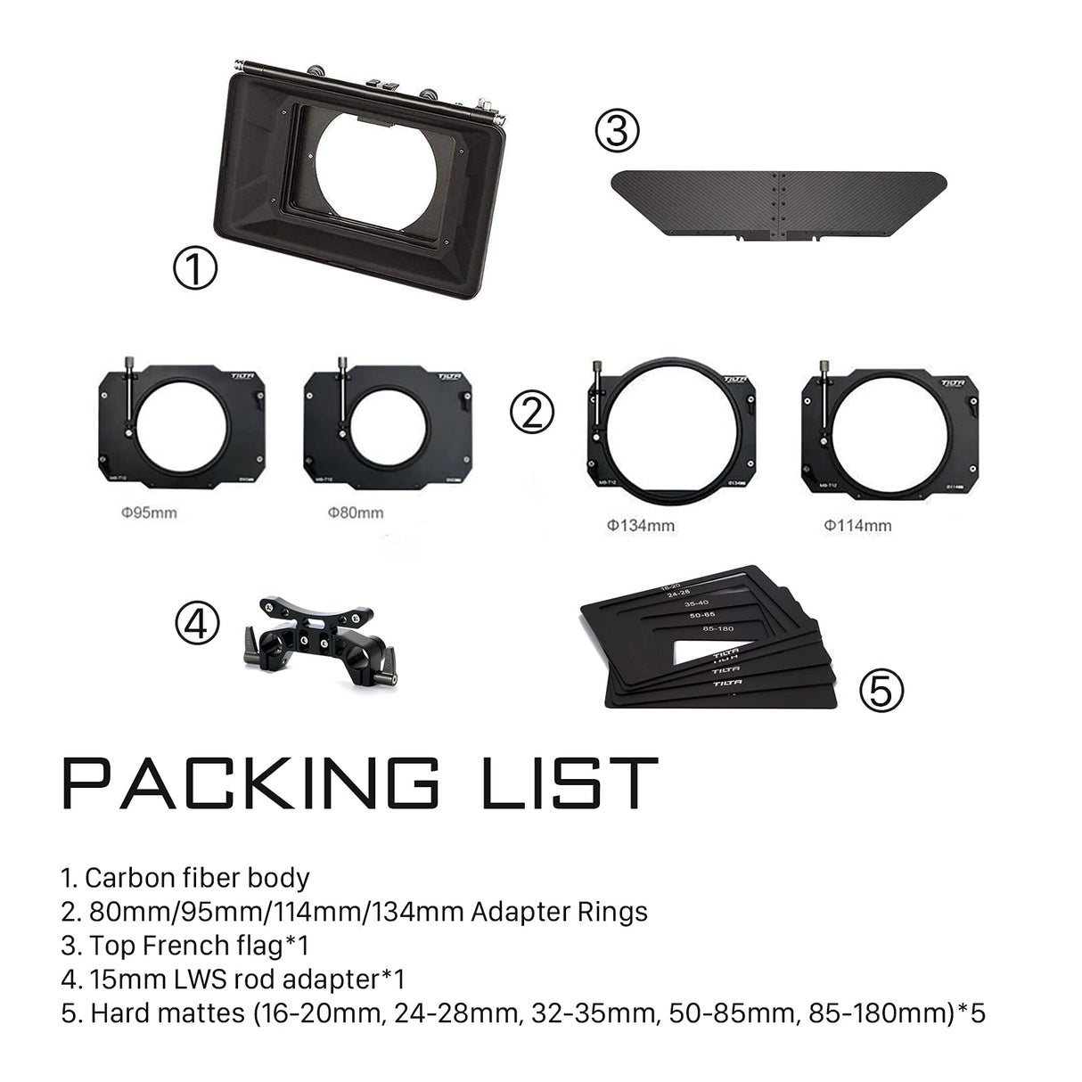 Tilta Matte Box Caja Mate para cámaras Studio Cinima, 3 Piezas de 4 x 5,65 "Marco de Filtro con 5 Anillos adaptadores de Lentes (134/114/110/95/80 mm) 5 Piezas Frontal Mate MB-T12