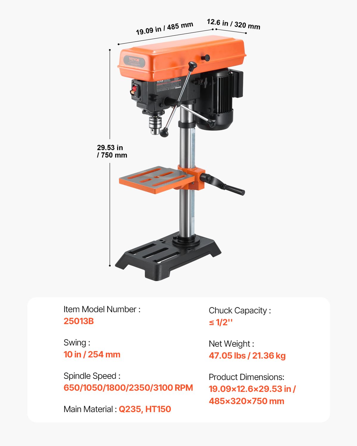 VEVOR Taladro de Banco de 254 mm de velocidad Ajustable de 510/780/1300/1820/2430 RPM con Motor de Inducción de 6,2 A, Mesa Inclinable de 0 a 45°, Luz de Trabajo LED, Taladro para Madera y Metal