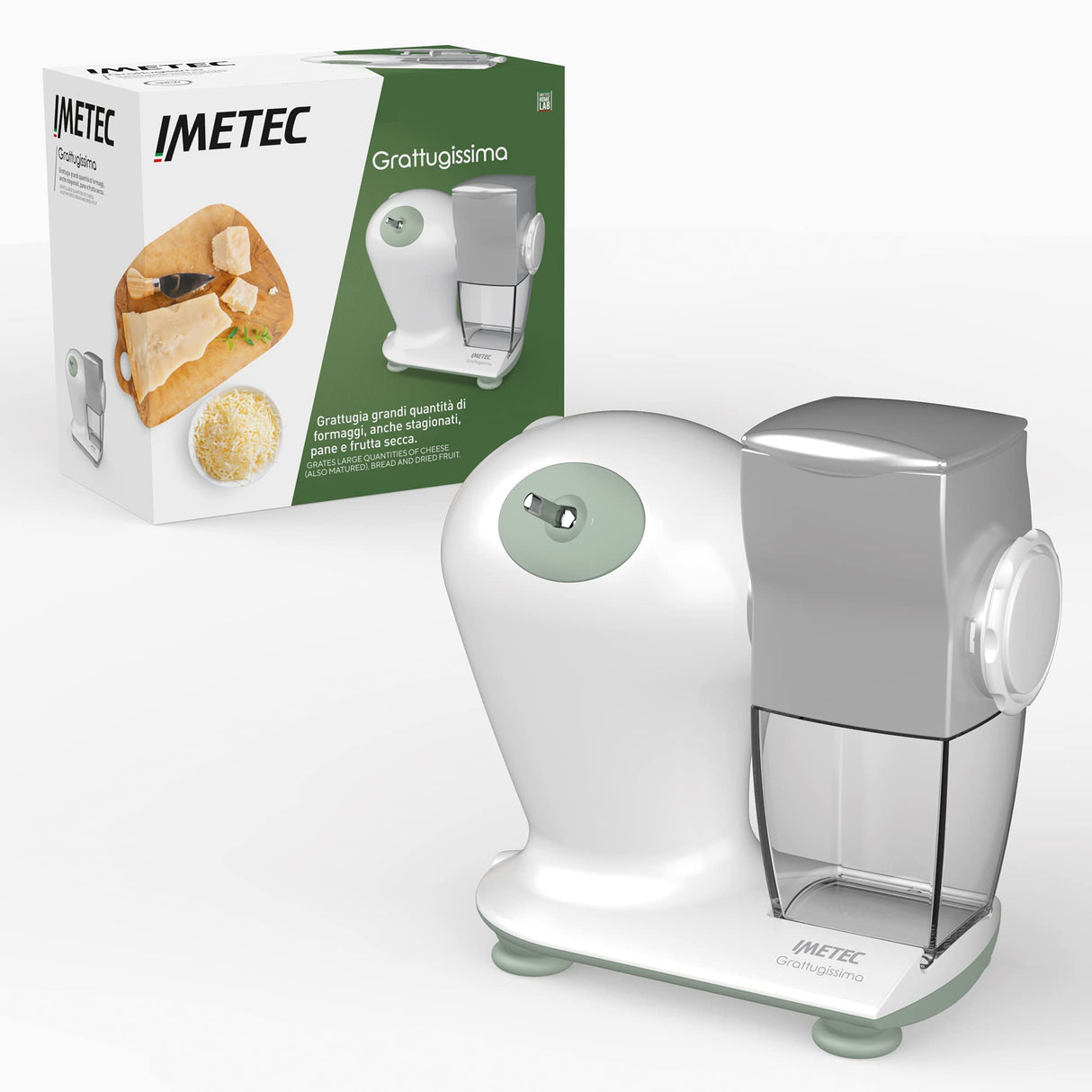 Imetec Grattugissima, Rallador Eléctrico, Rodillo De Acero Inoxidable, Tolva De Aluminio, Recipiente Extraíble Con Tapa Frescura, Sistema De Seguridad, 150 W