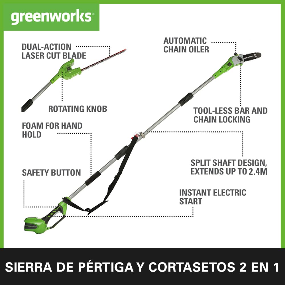 Greenworks G40PSHK2 2/1 Sierra y Cortasetos Pértiga a Batería, Cuchillas renovadas, Barra 20 cm, 51 cm, Cuchillas Doble Acción, Batería 40 V 2 Ah y Cargador
