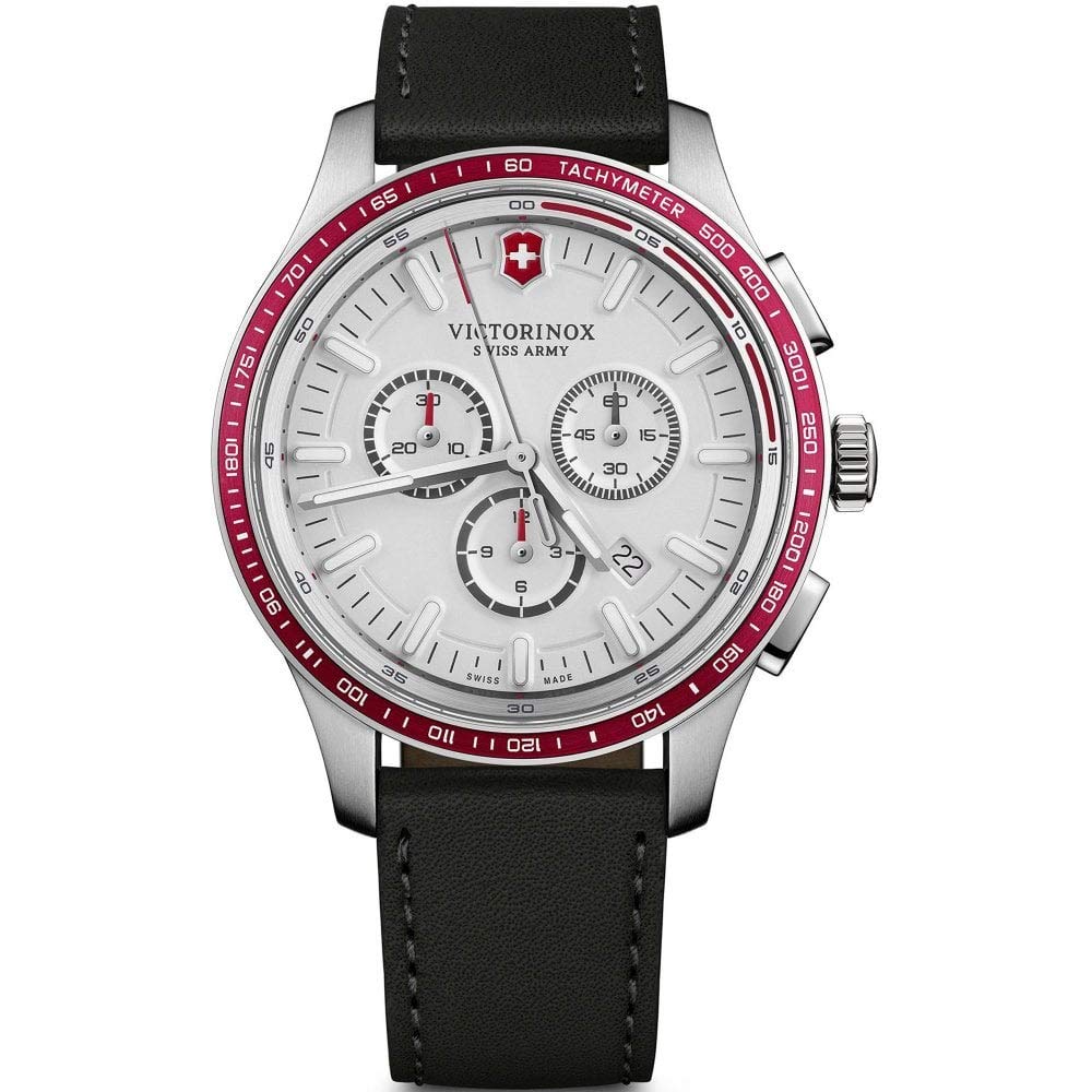 Victorinox Alliance Sport Chronograph Ø 44 mm Reloj de Pulsera de Hombre, Swiss Made, Cuarzo analógico, Sumergible hasta 100 m, Pulsera de Piel, Negro/Blanco