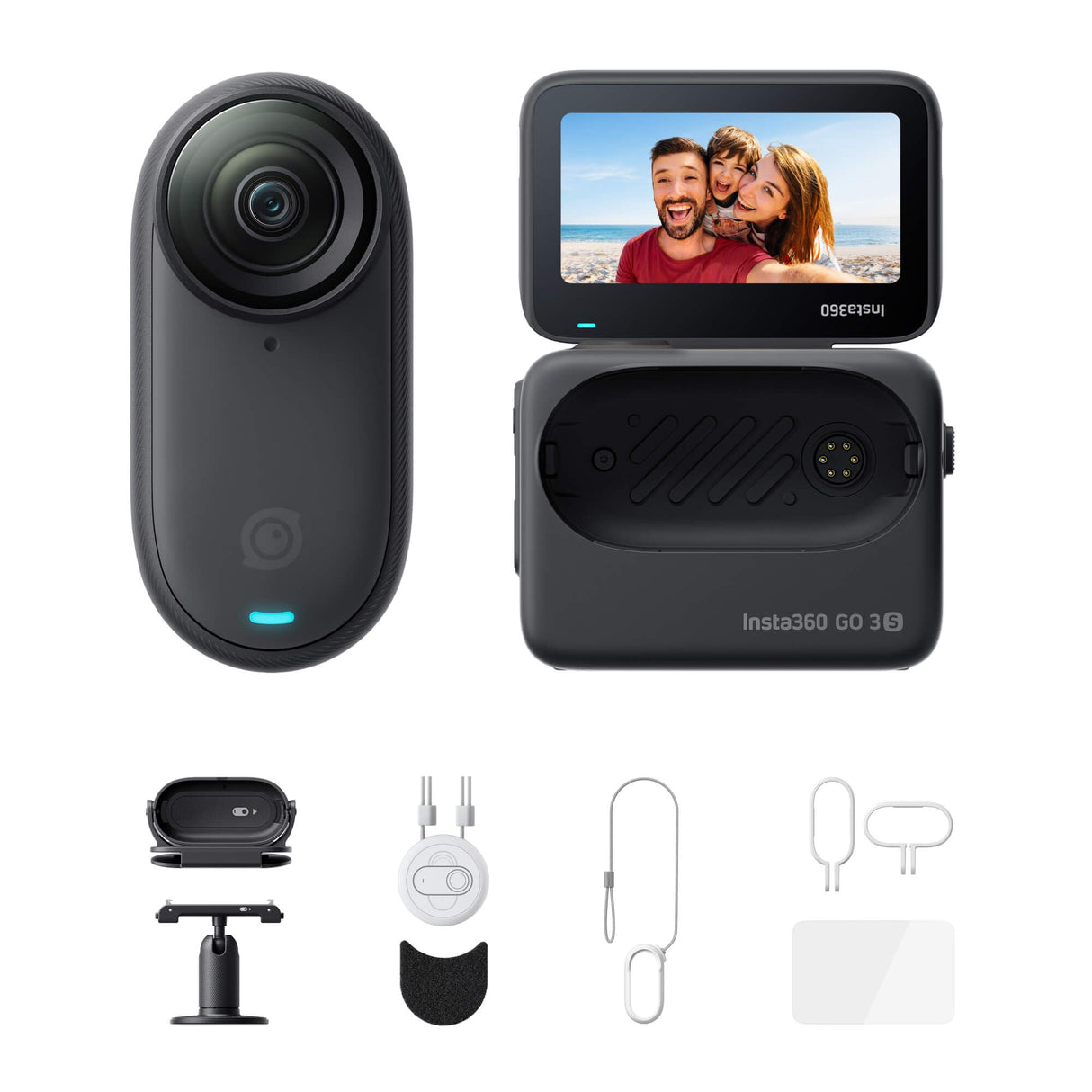 Insta360 GO 3S Kit de Acción - Cámara Vlogging 4K, POV Manos Libres, Móntala Donde Quieras, Estabilización, 140 Min de batería, Impermeable 10 M, Edición IA, Apple Find My, Vlog, Viajes, Negro