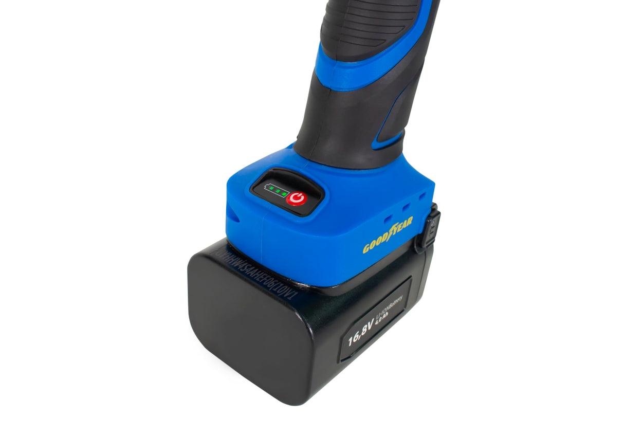 Goodyear - Sierra Podadora Eléctrica 450W con 2 Baterías 16,8V Corte Máximo 150mm Cadena ¼’’ 4000 rpm Velocidad 11 m/s Cargador y Kit de Herramientas Incluidos