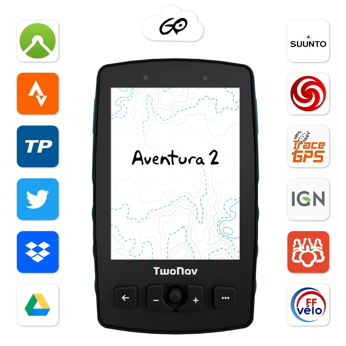 TwoNav Aventura 2 Plus, GPS de Mano con Pantalla Amplia 3.7 Pulgadas, Botones y Joystick para montaña, Alpinismo, Trekking o Senderismo con mapas incluidos. Color Azul Turquesa
