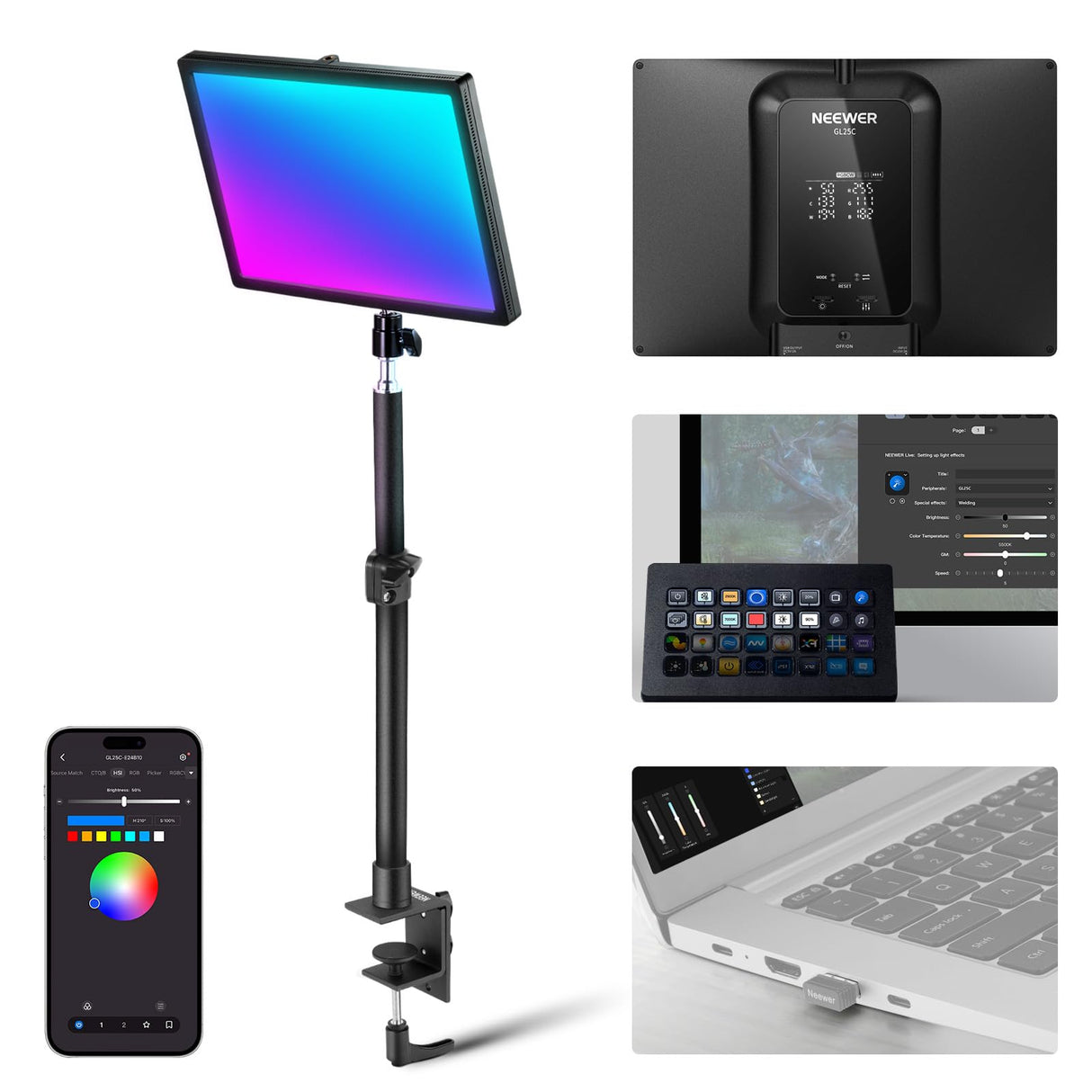 NEEWER GL25C LED RGB Streaming Key Light, App/PC/Stream Deck Control 25W 2500Lux/0.5m 2900K-7000K CRI95+/TLCI97+ Full RGB Regulable Borde Emitiendo Silencio Cámara Video Luz con Soporte de Escritorio