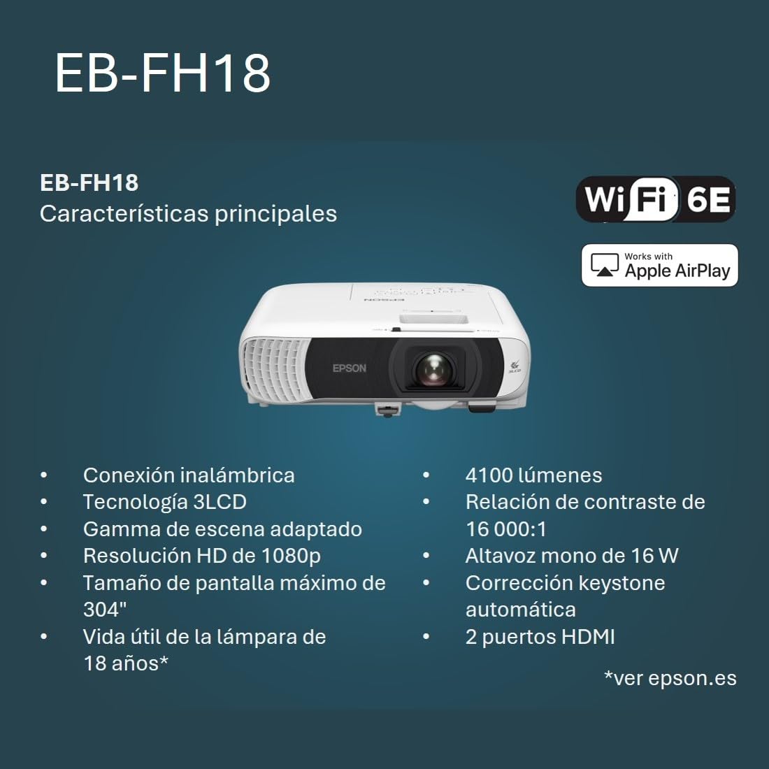 EB-FH18 es un proyector de lámpara Full HD asequible con 2 Puertos HDMI, WiFi con compatibilidad con Apple AirPlay 2, Gran Pantalla de proyección de hasta 304 Pulgadas y 4.100 lúmenes
