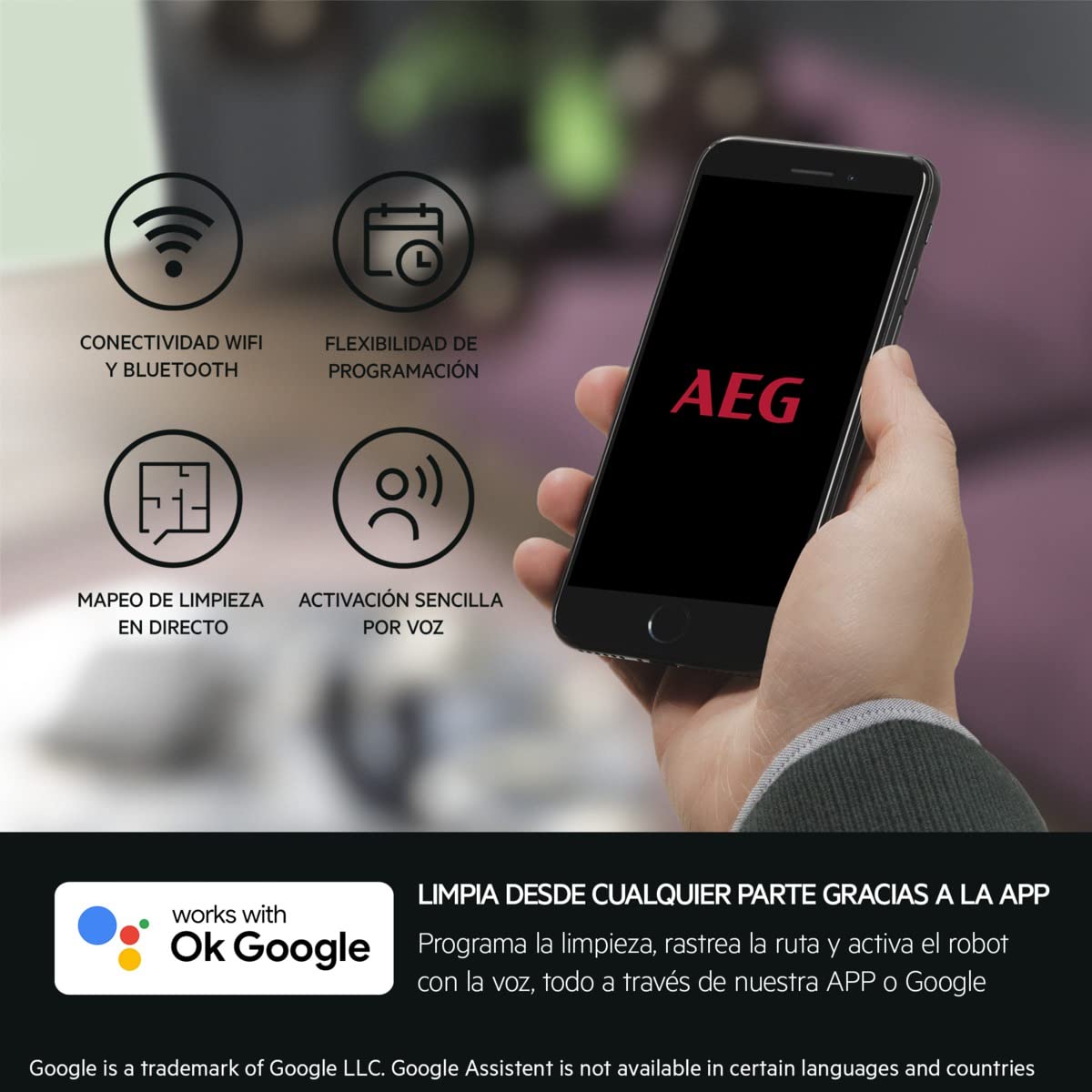 AEG AR61UW1DG - Robot Aspirador, Giroscopio + Cámara, Función Mopa, 14,4V, Autonomía 120 min, Deposito Agua 0,25L, Potencia 2600 Pa, App iOS/Android, Cepillo Motorizado, Base de Carga, Color Gris