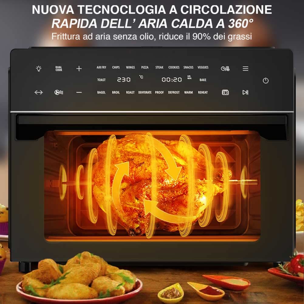 Bakaji Horno freidora de aire caliente, capacidad de 30 litros, 1800 W, freidora seca sin aceite, con pantalla táctil, 18 programas, función de doble cocción, temporizador, regulación de temperatura,
