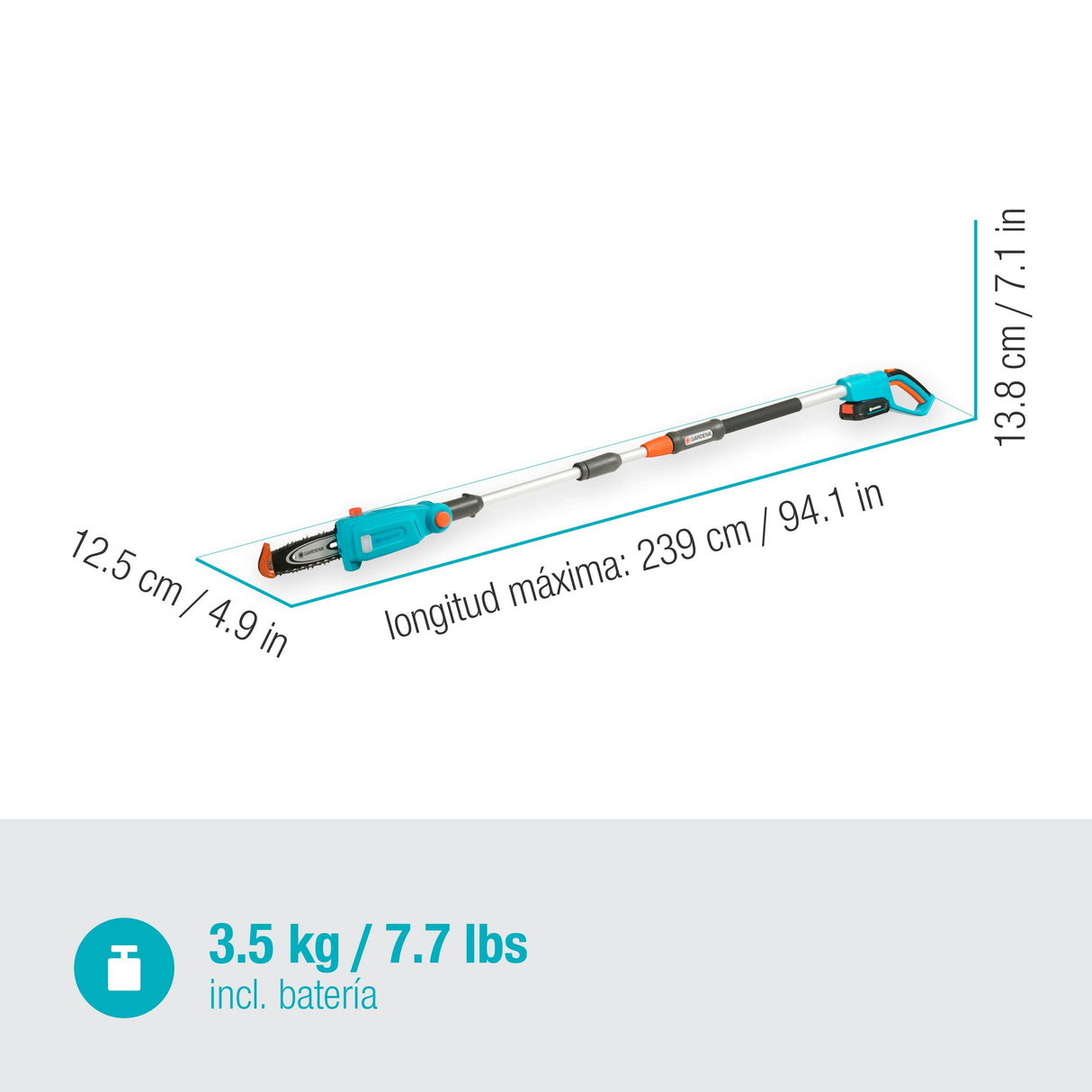 Gardena Set Ready-To-Use de podadora telescópica a batería TCS 20/18V P4A: sierra de mano hasta 4 m, 20 cm longitud de espada, cabezal flexible, inc. batería P4A 18 V y correa de transporte (14770-20)