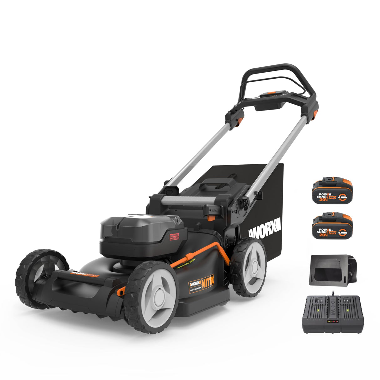 WORX - Cortacésped sin escobillas inalámbrico 20V-2*20V -4Ah - WG748E - Ø46cm - Hasta 500m² con una carga (Corta hasta los bordes, entregado con 2 baterías, un cargador, bolsa de 55 L, mulching)