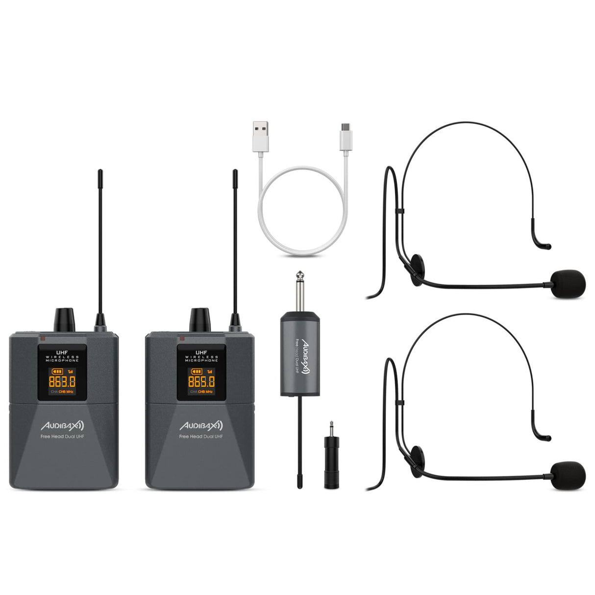 Audibax Missouri Free Head Dual UHF Sistema de Micrófono de Diadema con Receptor Recargable