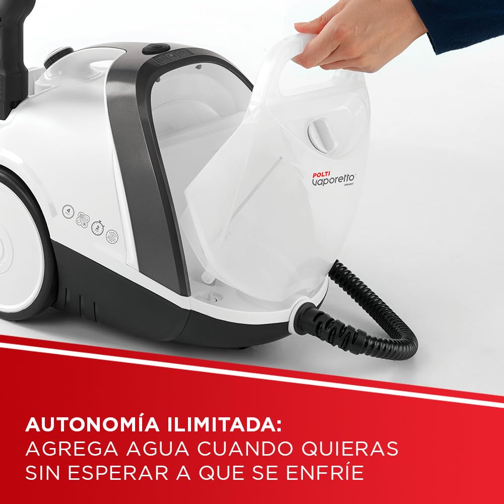 Polti Vaporetto Smart 120, Limpiador a Vapor con Caldera, 4 Bares de Presión, Potencia Máxima 1500 W, Depósito Extraíble de 2 L, Calentamiento en 2 Minutos, 14 Accesorios incluidos, Blanco y Negro