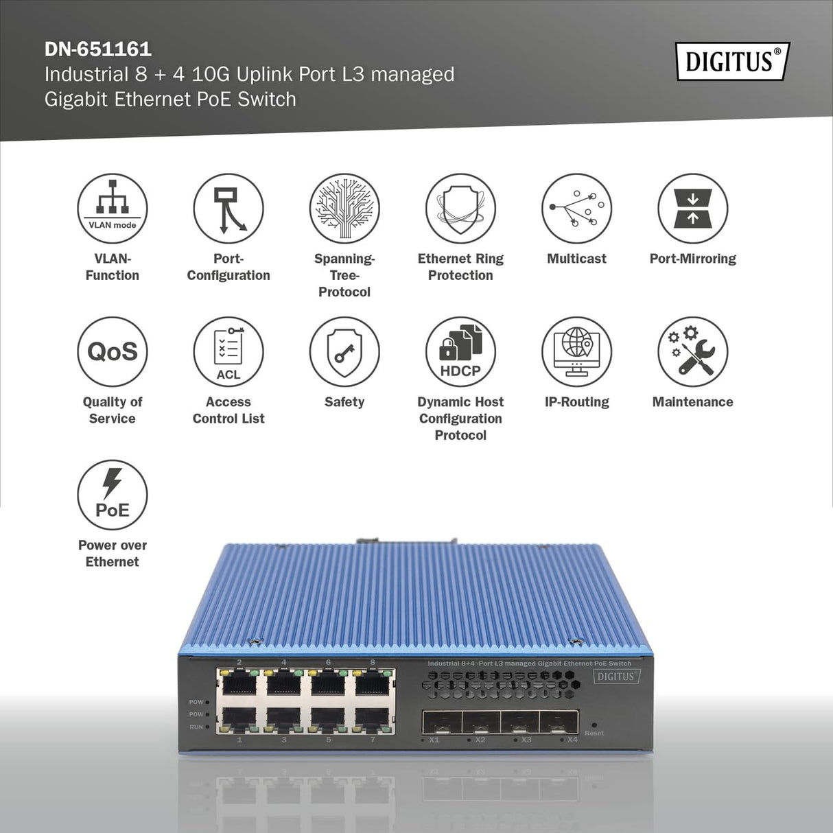 DIGITUS Conmutador de Red PoE - 12 Puertos Gigabit Ethernet - 8X RJ45 + 4X SFP+ 10 Gigabit - IP40 - L3 gestionado, VLAN - 10/100/1000 Mbit/s - Montaje en Carril DIN - Serie Industrial - Negro/Azul