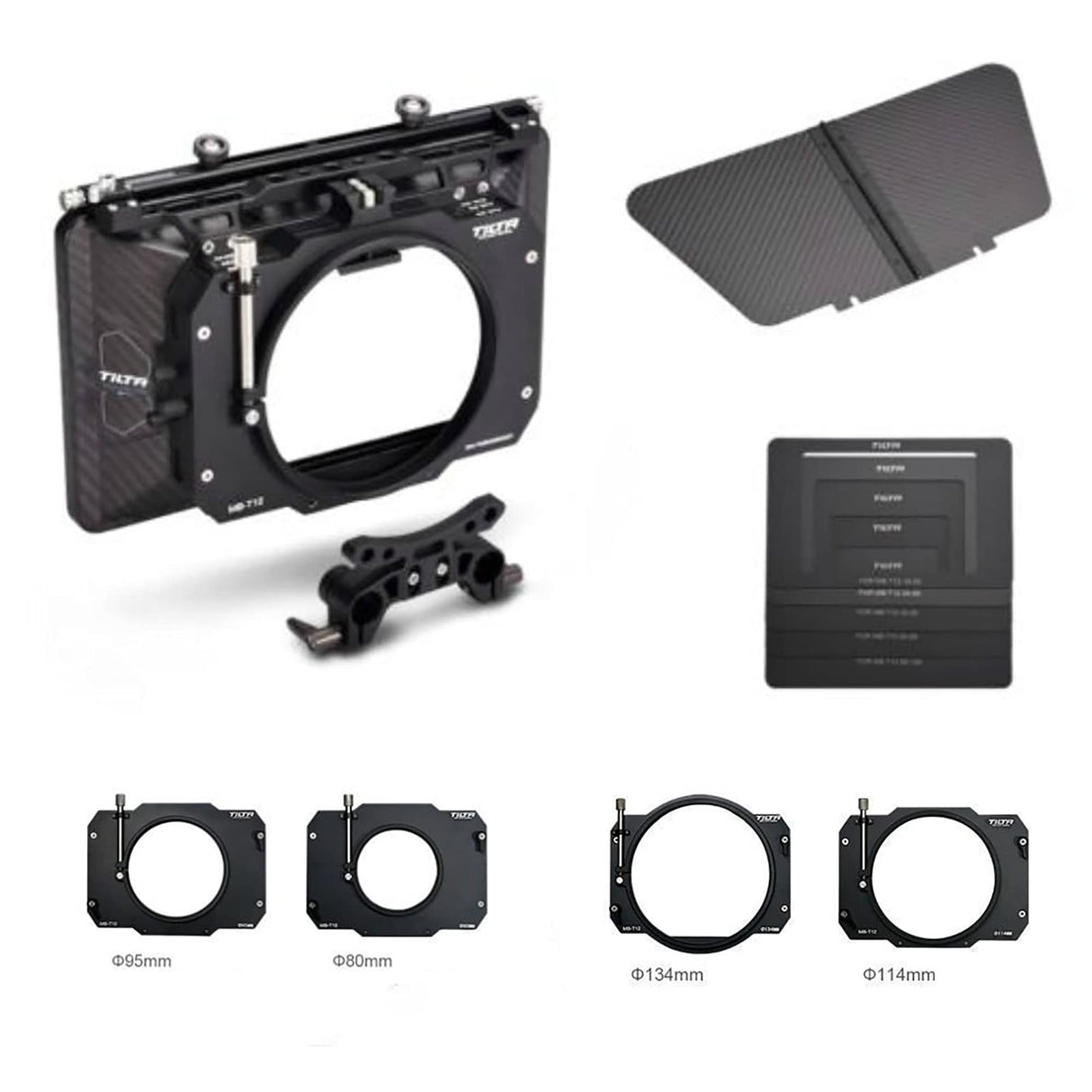 Tilta Matte Box Caja Mate para cámaras Studio Cinima, 3 Piezas de 4 x 5,65 "Marco de Filtro con 5 Anillos adaptadores de Lentes (134/114/110/95/80 mm) 5 Piezas Frontal Mate MB-T12