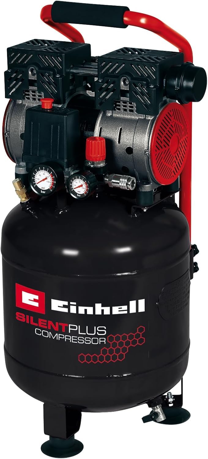 Einhell Compresor TE-AC 24 Silent (compresor silencioso con 750 W, máx. 8 bar, motor exento de aceite y servicio, depósito de 24 l, manómetro y acoplamiento rápido, válvula de seguridad)