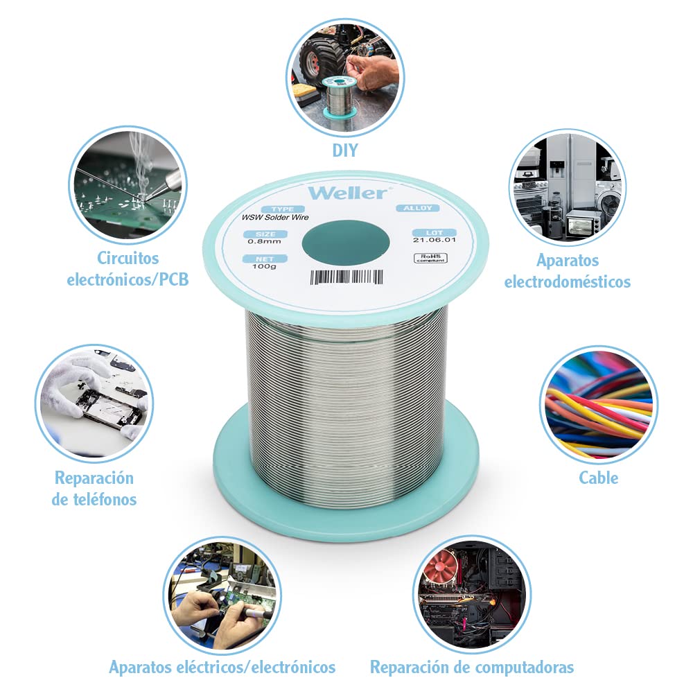 Weller WSW SAC M1 (T0051386599) Alambre De Soldadura Sin Plomo, Ø 0,3 Mm, Aleación Sn96.5Ag3.0Cu0.5, Contenido De Fundente 3.5%, 500g