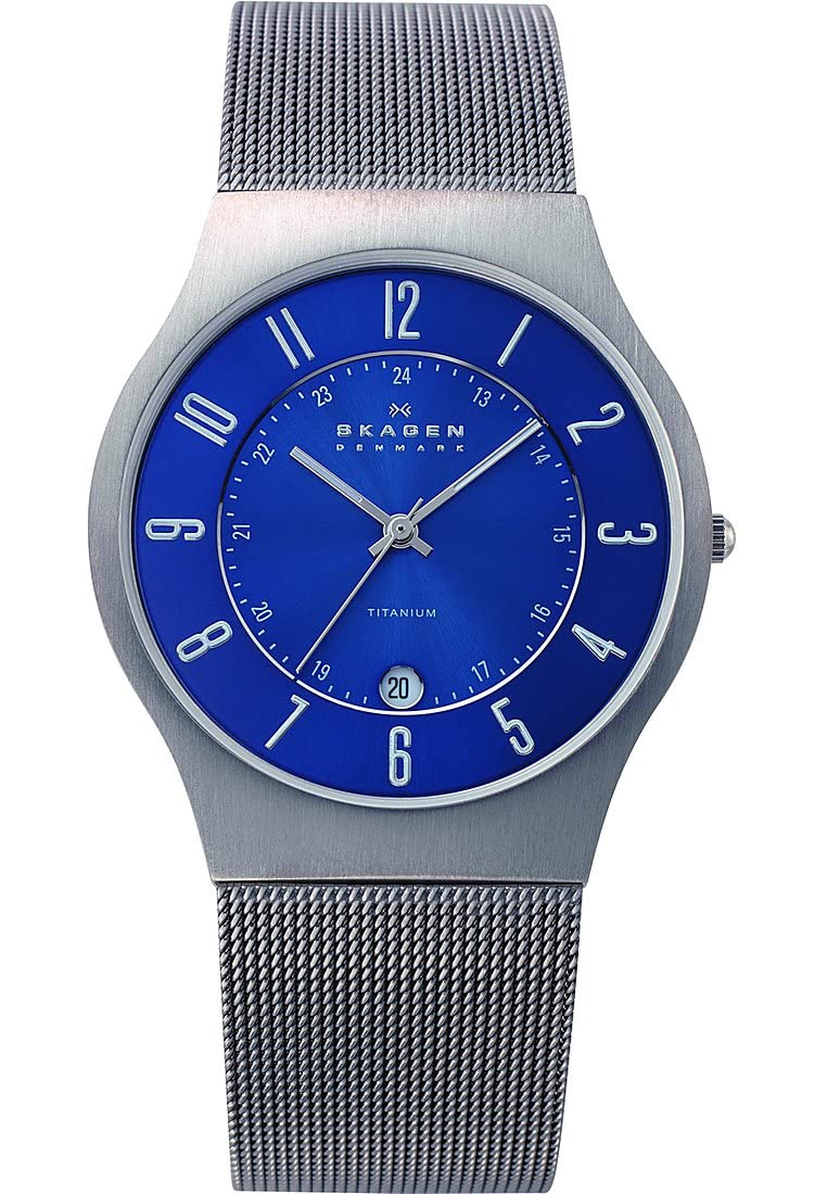 Skagen Reloj Sundby Titanium para Hombre, movimiento de cuarzo a tres agujas con Correa de Acero Inoxidable o piel, 37 mm, Gris Y Azul