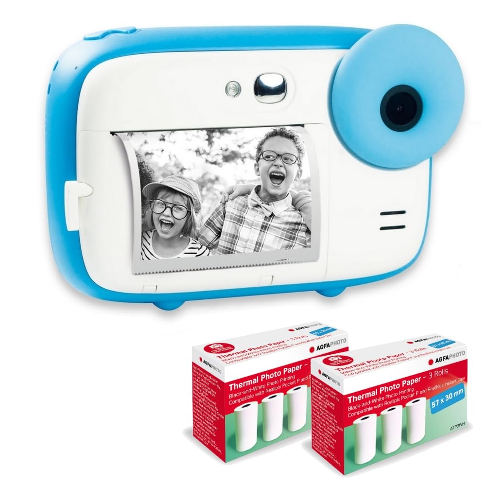 AGFA Photo Pack Realikids Instant CAM + 6 Rollos de Papel térmico ATP3WH adicionales, cámara instantánea Infantil, Pantalla LCD de 2,4 Pulgadas, batería de Litio, Espejo Selfie y Filtro de Fotos Azul