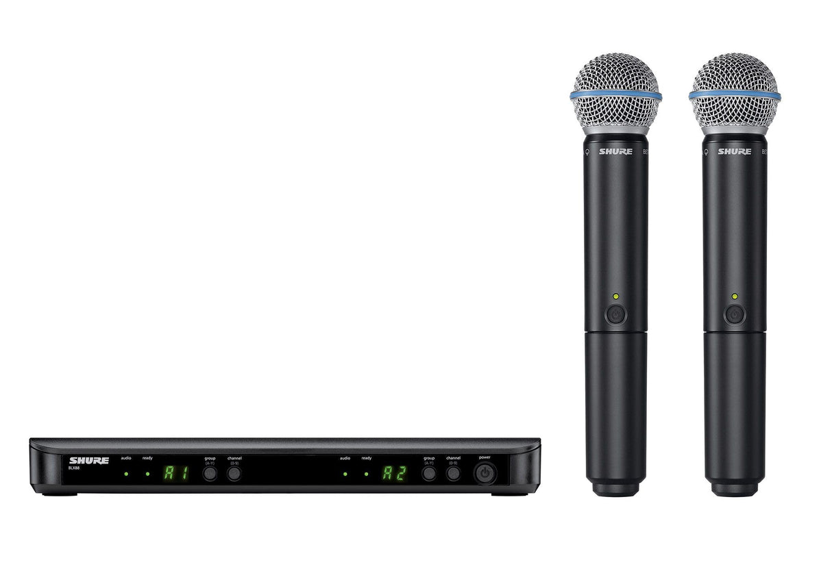 Micrófono inalámbrico Shure BLX288/B58 UHF - Adecuado para iglesias, karaoke y voces - Batería de 14 horas, alcance de 100m - Incluye (2) micrófonos BETA 58A, receptor de doble canal - Banda T11