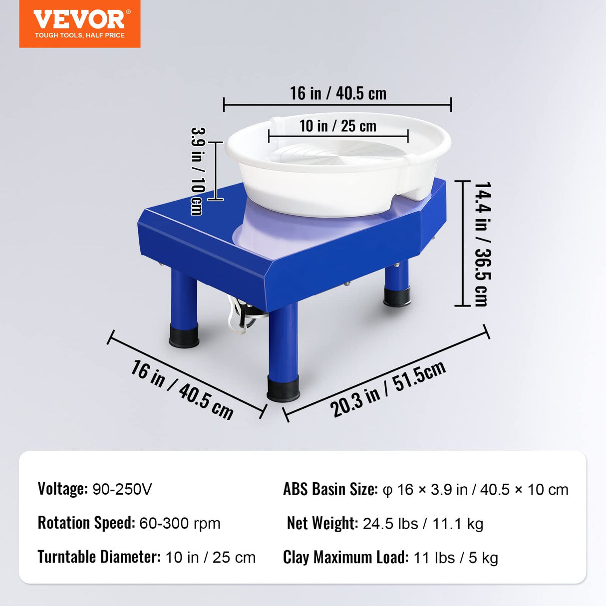 VEVOR Máquina de Rueda de Cerámica Eléctrica Diámetro de 25 cm Torno de Alfarero Eléctrico 350 W Máquina de Arcilla de Cerámica 0-300 rpm Carga Máxima de 8 kg con Pedal para Modelar Artesanía Cerámica