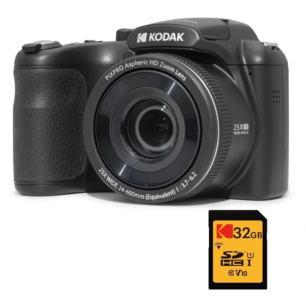 KODAK Pixpro Astro Zoom AZ255 + Tarjeta de Memoria SD de 32 GB – Cámara de Puente Digital de 16 MP, Zoom 25X, Video HD 1080p, Gran Angular de 24 mm, Pantalla LCD 3, Pila AA – Negro