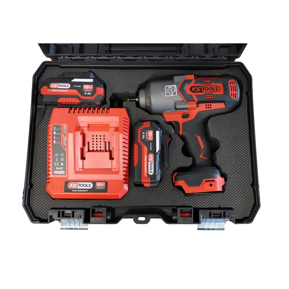 KS TOOLS 515.4715F - Llave de impacto con batería (1/2" sin escobillas de 18 V, 1600 Nm, 2,8 kg, sin batería, incluye 2 baterías 4Ah