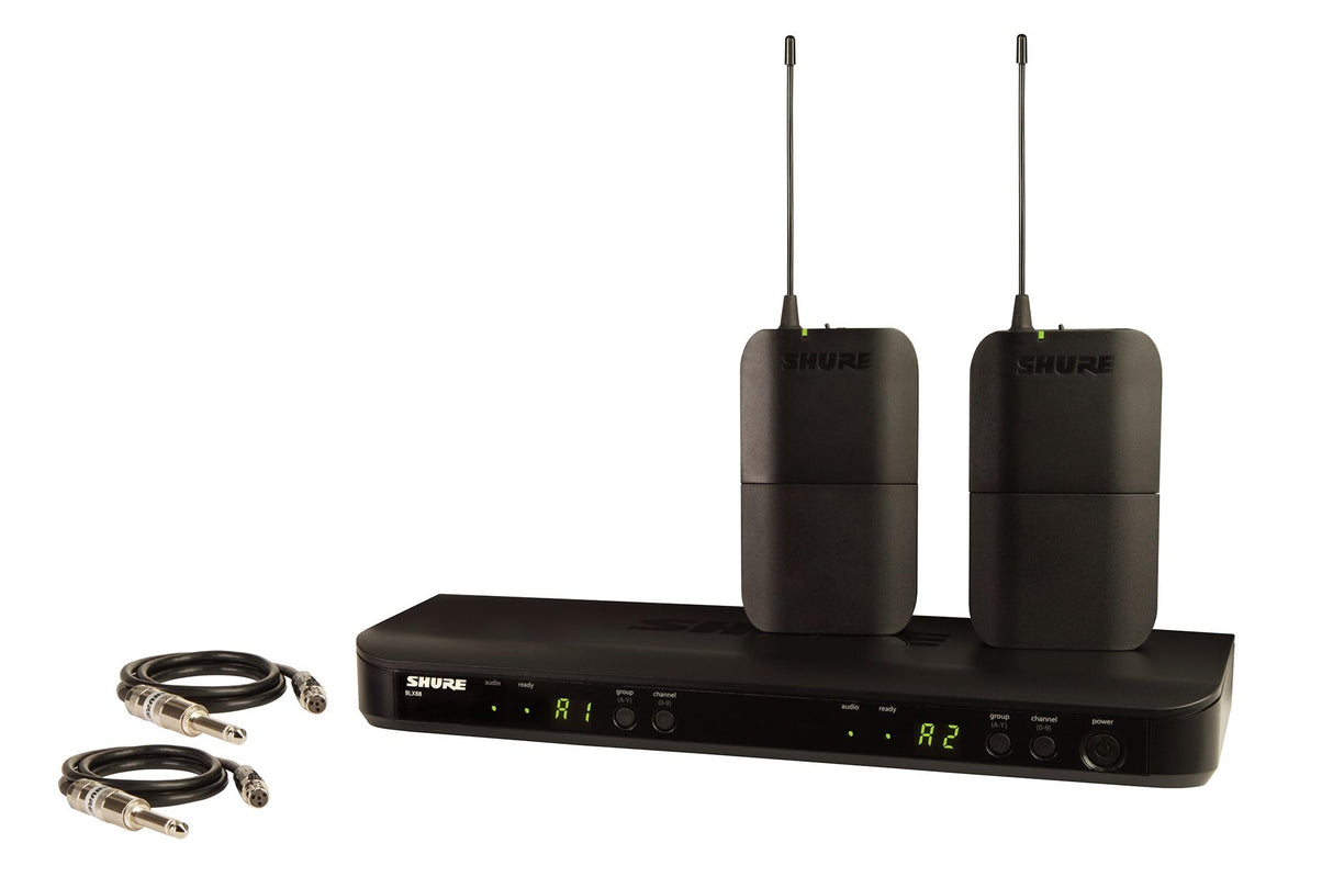 Shure Micrófono inalámbrico BLX188 UHF para Guitarra y bajo, batería de 14 Horas, Alcance de 100m, Incluye (2) Cables de Instrumento de Jack de 1/4 y Receptor de Doble Canal Banda K3E