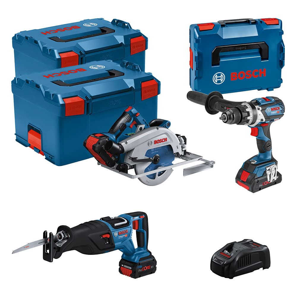 Bosch Professional 18V System GSB 18V-110 C + GKS 18V-68 GC + GSA 18V-28 - Set taladro +sierra circular +sable (2 bat. ProCORE 5.5 Ah, 1 bat. ProCORE 4.0 Ah, L-BOXX)