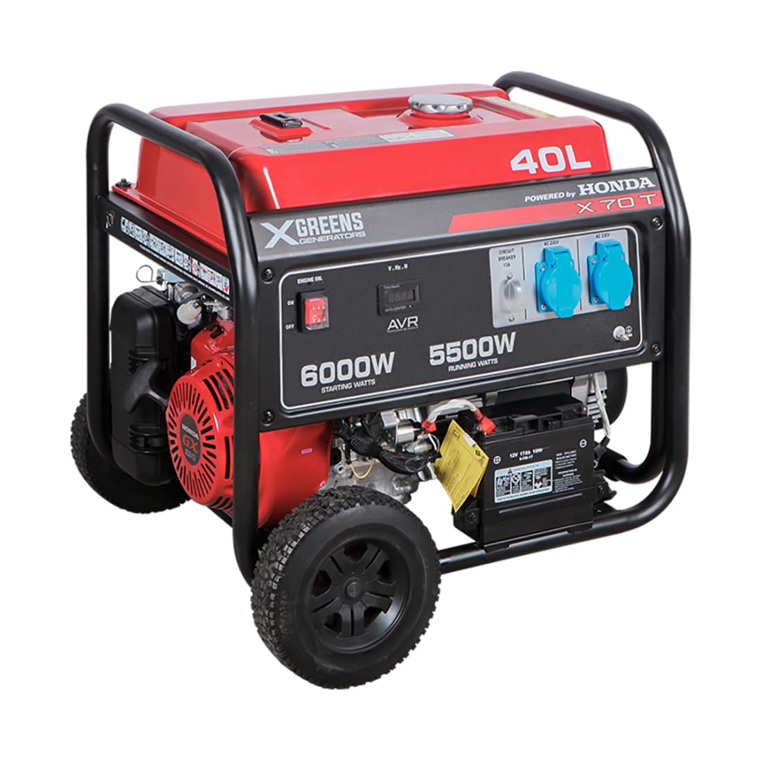XGREENS Generador de corriente (gasolina) X70T (máx. 6.000 W, depósito 40 l, AVR, Powered by Honda, ruedas, alerta aceite, trifásico, 2 tomas 230 V, protección térmica y panel digital)