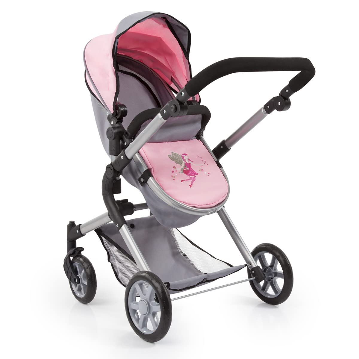 Bayer Design-18108AA Cochecito de Muñecas City Neo con Bolso Cambiador, Transformable, altura regulable, plegable, moderno, color gris, rosa con hada, Small (18108AA)