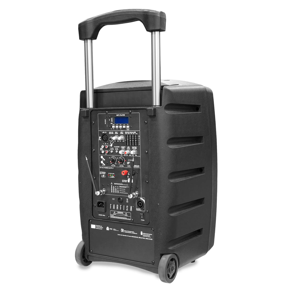 FARFISA | Altavoz inalámbrico Tipo Trolley de 100 W con 2 micrófonos sin Cable, 40x60x36 cm