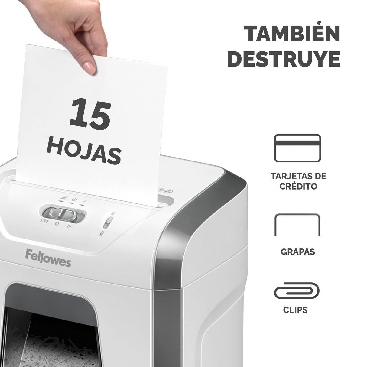 Fellowes Destructora de Papel 15C - Trituradora de Papel, Corte en partículas, destruye hasta 12 Hojas, destructora de Papel Uso Personal, Papelera extraíble de 19L, Nivel de Seguridad DIN-P4, Blanca