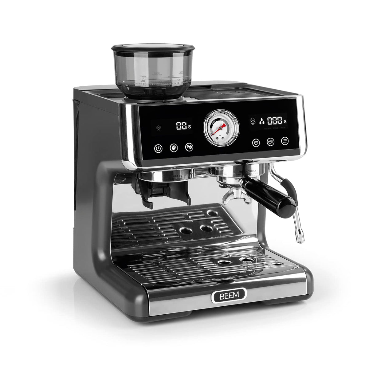 BEEM ESPRESSO-GRIND-EXPERT Colador Espresso Premium con Molinillo | 2 Termobloques para la Preparación simultánea de Espresso y Microespuma de Leche | Display de Extracción y Molido