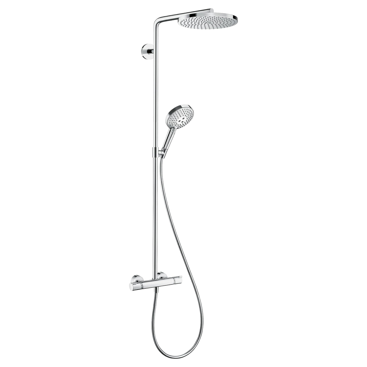 hansgrohe Raindance Select S - sistema de ducha con termostato, ducha lluvia (⌀ 240 mm) con grifo, ducha de mano (2 tipos de chorro), flexo, barra, ducha fija redondo (1 chorro), cromo, 27633000