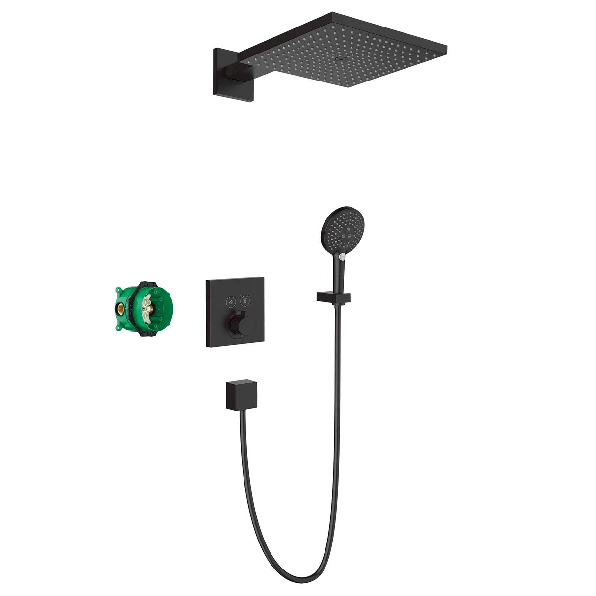 hansgrohe Raindance E - set de ducha empotrado, ducha de mano, termostato ShowerSelect, set básico, flexo ducha 160cm, soporte, ducha fija, alcachofa de ducha (2 tipos de chorro), negro mate, 27939670