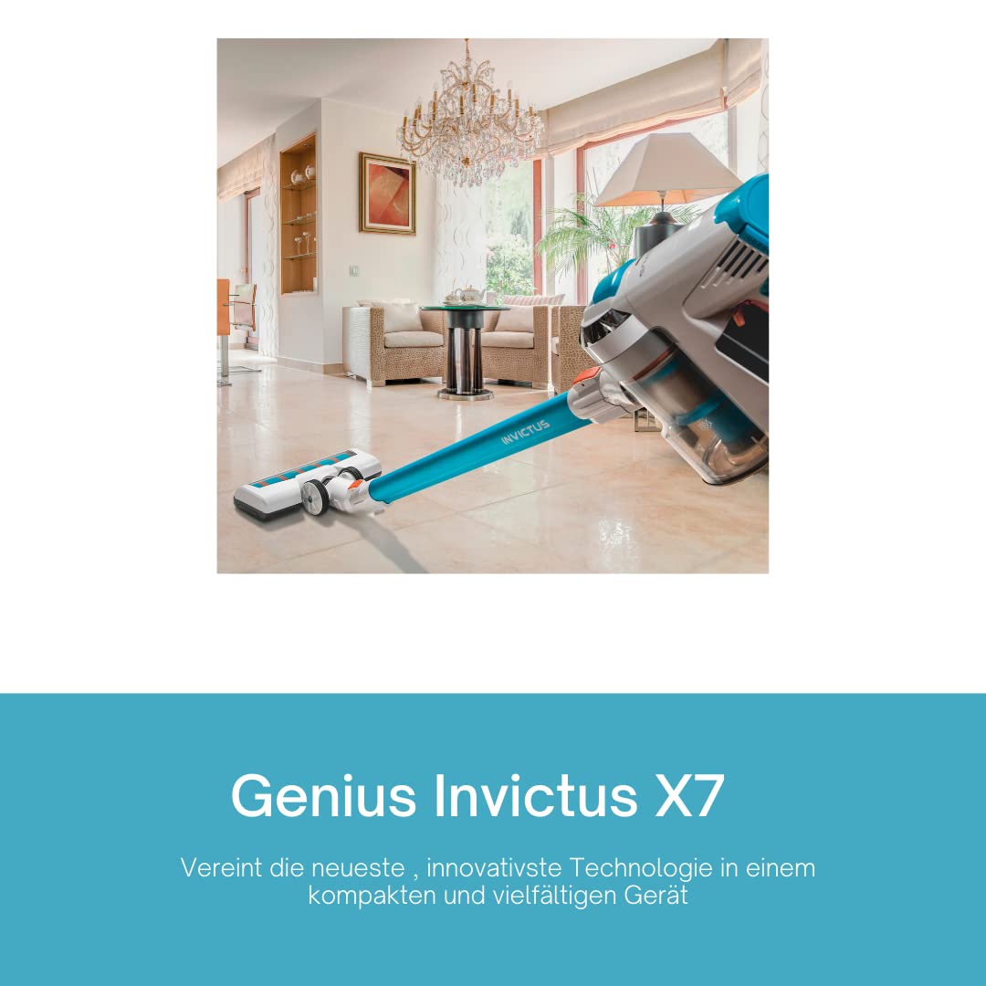 Genius Invictus X7 - Aspirador inalámbrico 2 en 1 (13 Piezas) con Potencia de succión de 380 W y Luces LED integradas, batería de Iones de Litio (30 min), Color Blanco y Azul