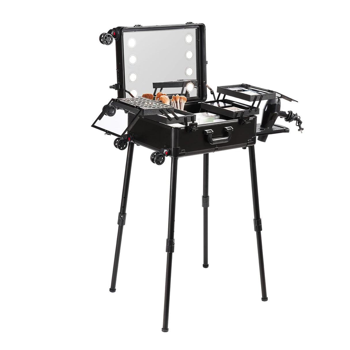 VEVOR Estuche de Maquillaje con Cerradura, Espejo, 4 Bandejas de Almacenamiento, Portaescobillas, Caja de Almacenamiento de Cosméticos con Ruedas Giratorias de 360° en Soporte para Estudio de Artista