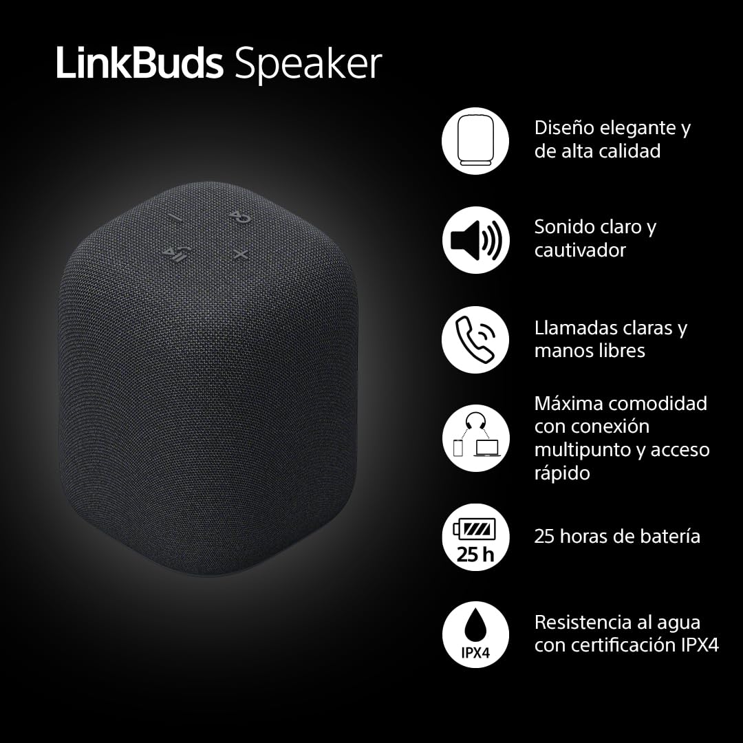 Sony LinkBuds Speaker – Altavoz portátil inalámbrico Bluetooth, IPX4, Resistente al Agua, 25 Horas de batería, Calidad de Llamada nítida, Exteriores, Viajes - Negro