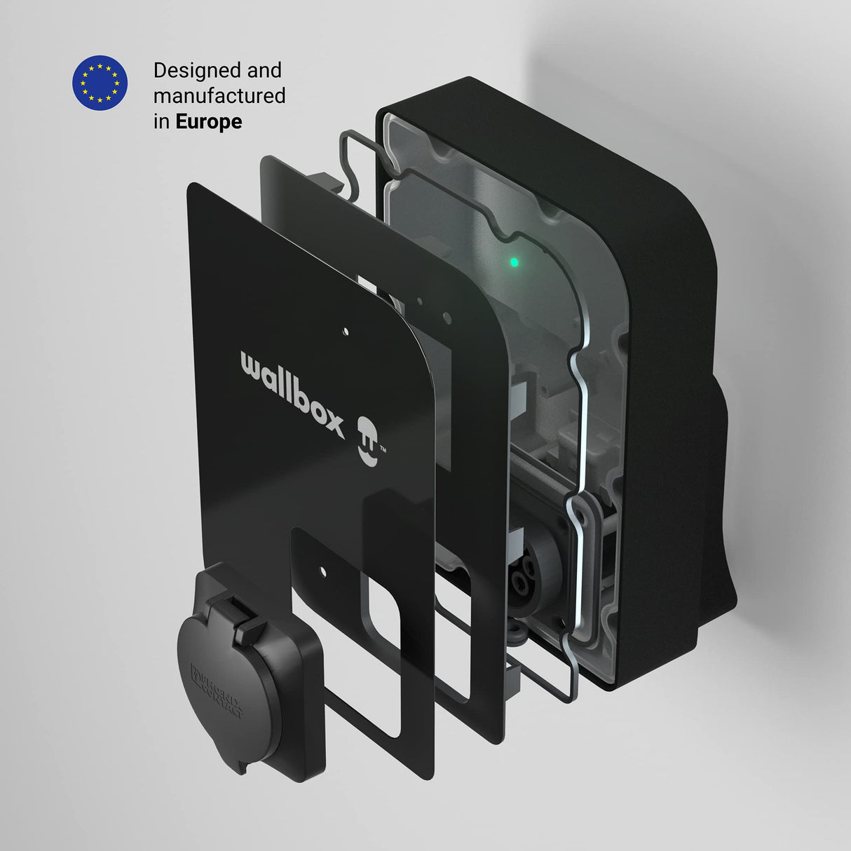 Wallbox Cargador Copper SB para EV. Potencia de hasta 22 kW. Lector de Tarjetas RFID Integrado y Cable de Carga Tipo 2. Conexión WiFi y Bluetooth, y Compatible con OCPP.
