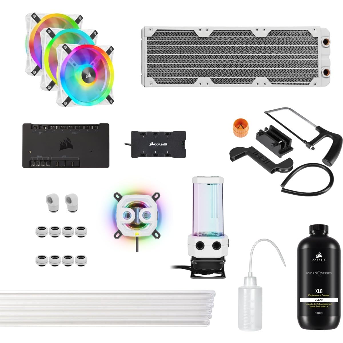 Corsair Hydro X Series iCUE XH305i RGB PRO Kit de Refrigeración Personalizada (Circuito Refrigeración para CPU, Bloque de Refrigeración Líquida CPU, Pack Bomba/Depósito D5, 3 Ventiladores RGB) Blanco