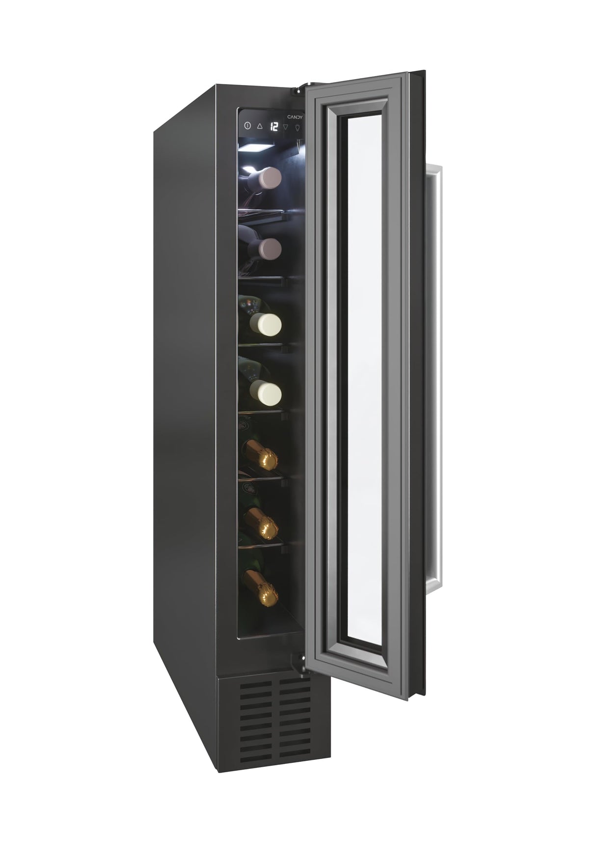 Candy DiVino CCVB 15/1, Vinoteca Integrable Estrecha, 20L, 7 Botellas, Puerta Reversible, 6 Baldas, Tratamiento Anti-UV, Compresor Antivibraciones, LED, Temperatura 5º a 18º, 39DB, Clase C, Negro